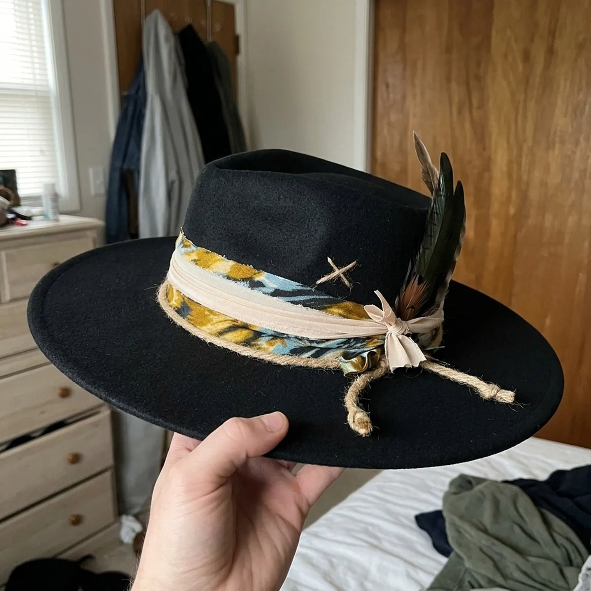 Black Wide Brim Fedora with Ribbon Band and Mixed Feathers