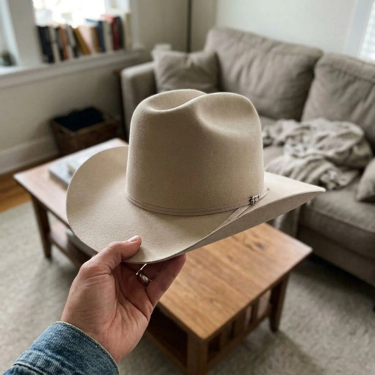 Light Beige Wool Felt Western Hat with Strap and Pin Detail