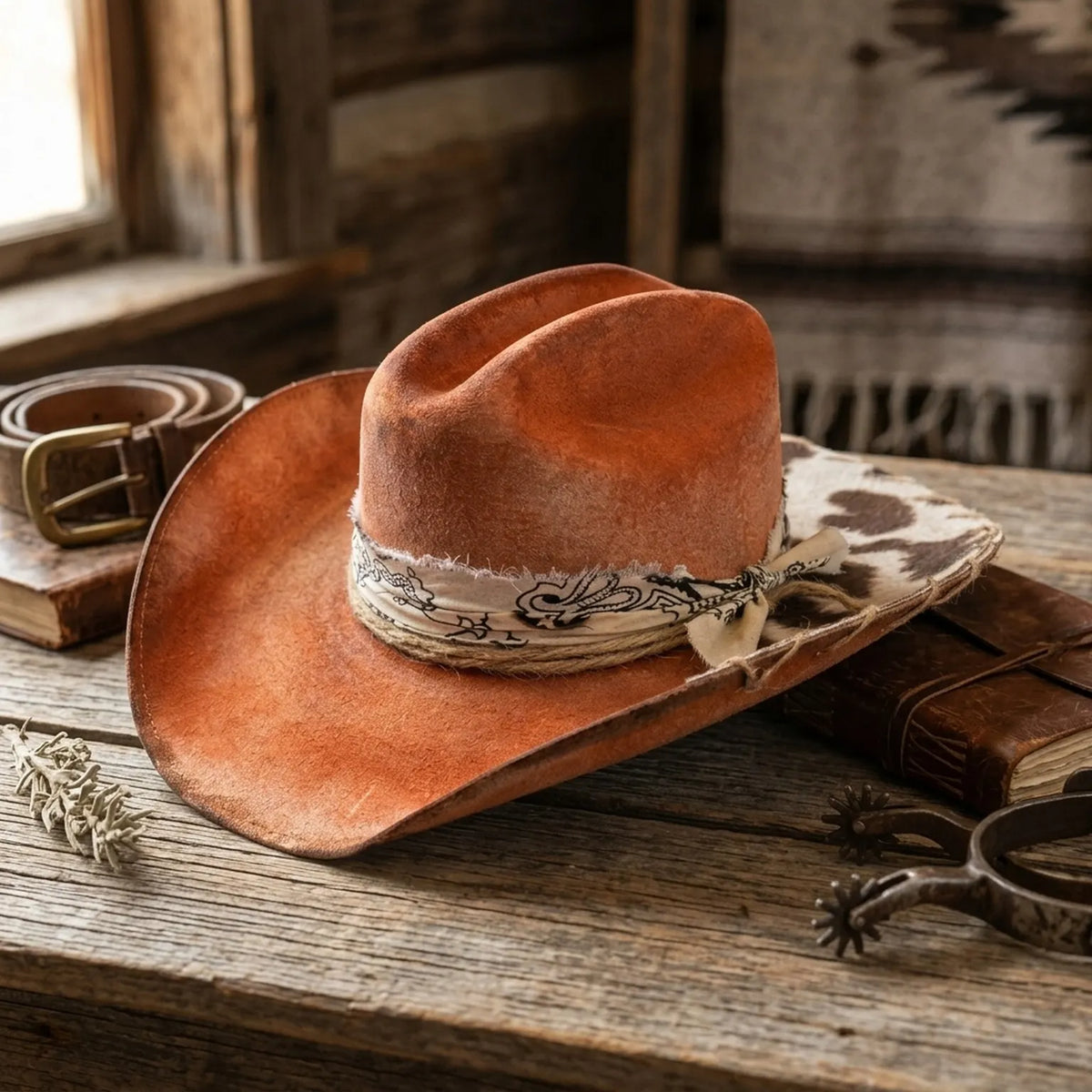 Rust Felt Cowboy Hat with Cow Print Brim and Paisley Bandana