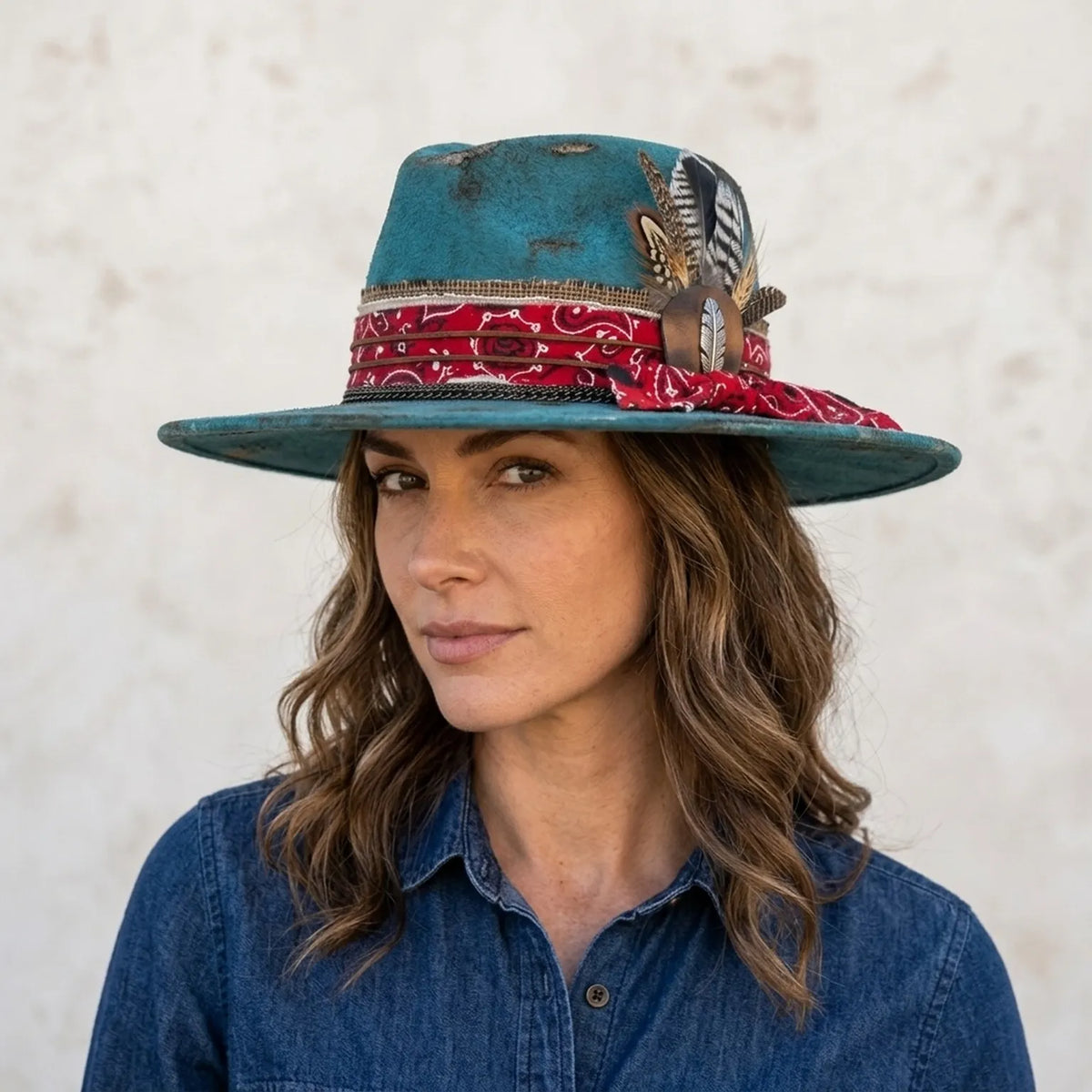 Distressed Teal Felt Western Hat Burlap Red Bandana Bow