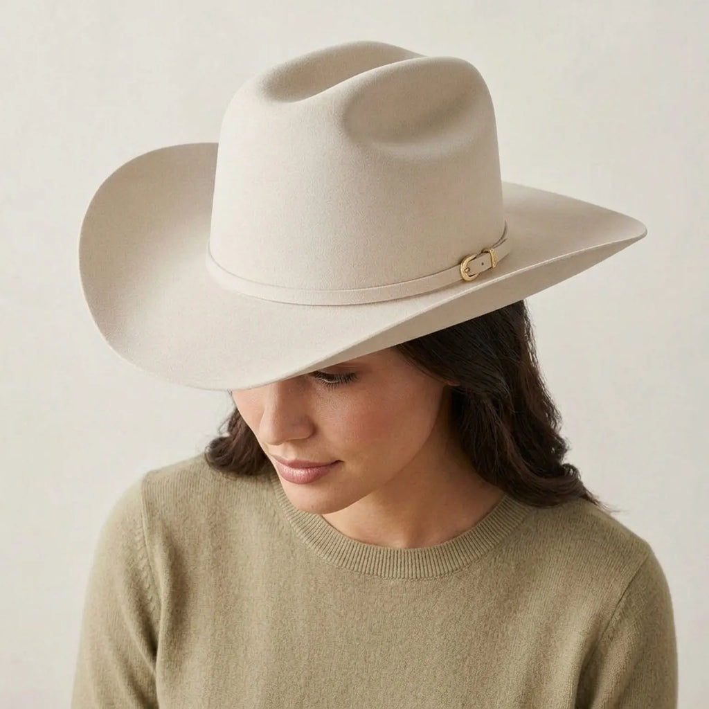 Cream White Felt Cowboy Hat with Thin Band and Gold Buckle