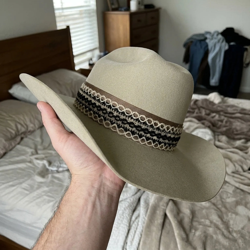 Cream Western Hat with Woven Geometric Band and Brim