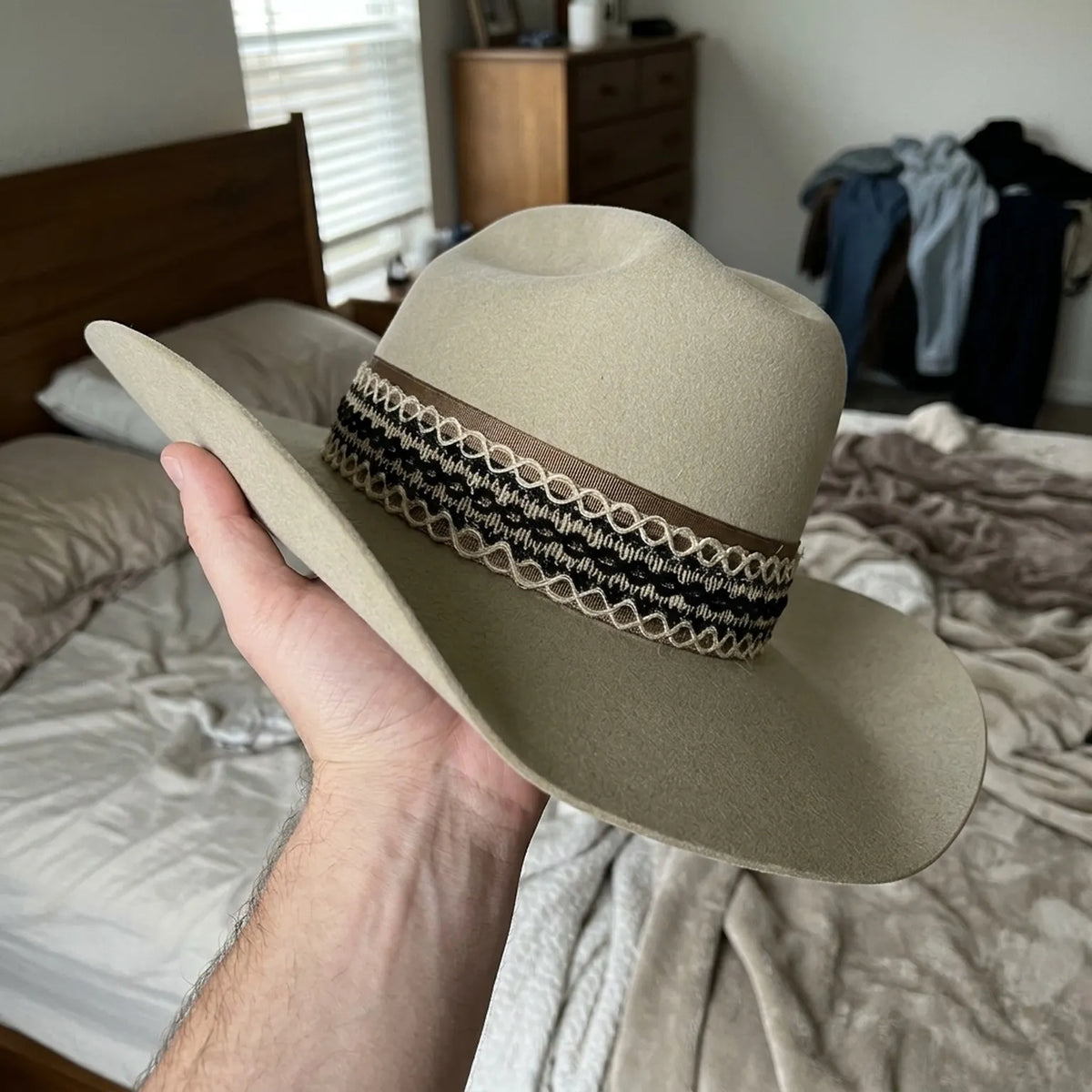 Cream Western Hat with Woven Geometric Band and Brim