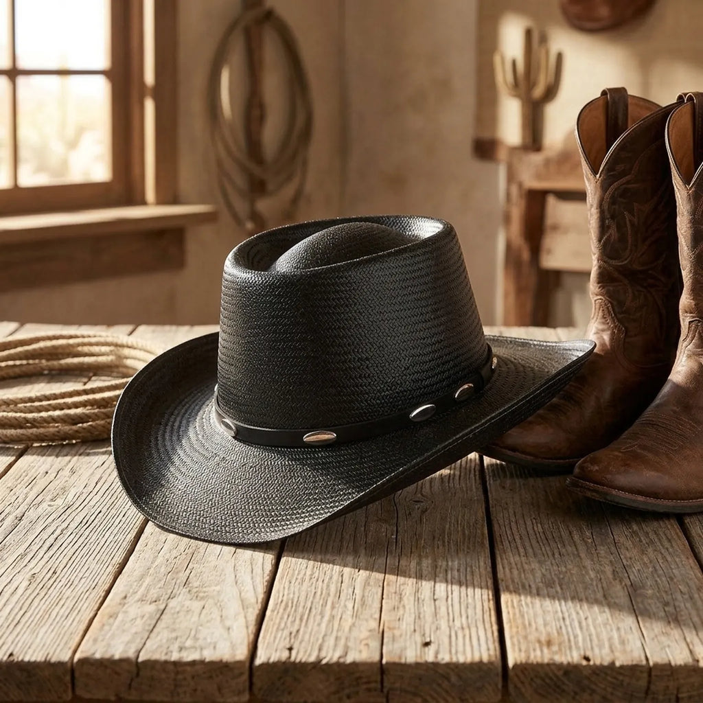 Black Straw Western Hat with Silver Conchos and Brim