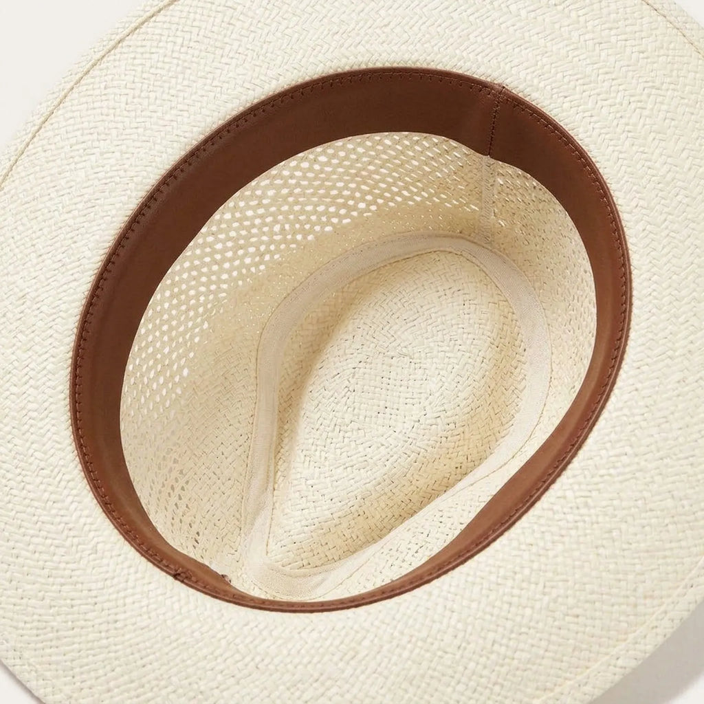 Ivory Straw Fedora Hat with Wood Toggle Band and Open Vent