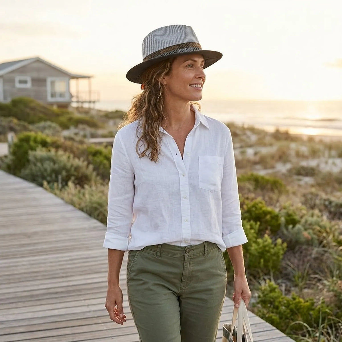 Two-Tone Straw Fedora Hat with Patterned Band and Brim