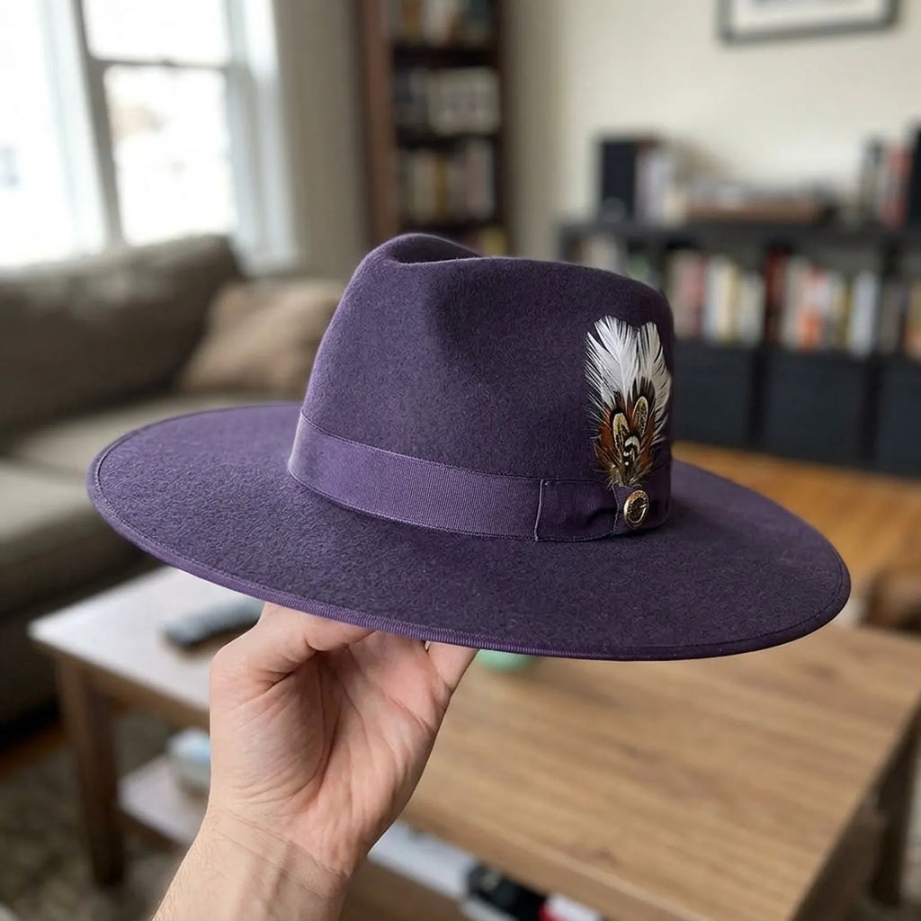 Navy Wool Felt Fedora Hat with Wide Brim and Band