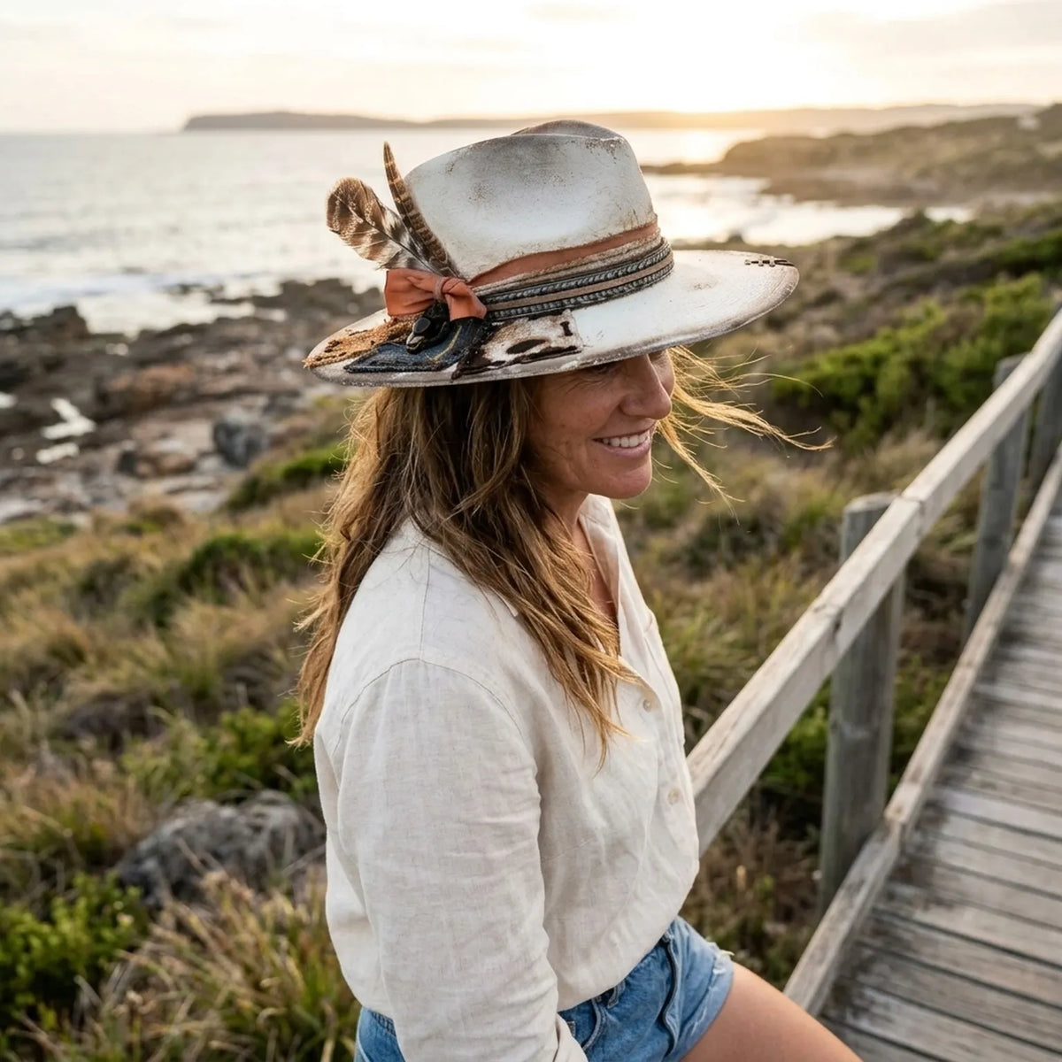 Distressed Cream Fedora Patchwork Feathers Ribbon Boho Vintage Hat