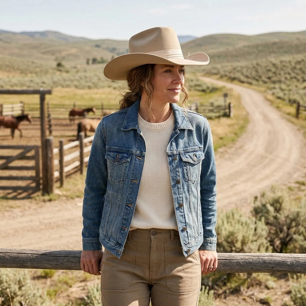 Unisex Cream Cowboy Hat with Ribbon Chin Cord
