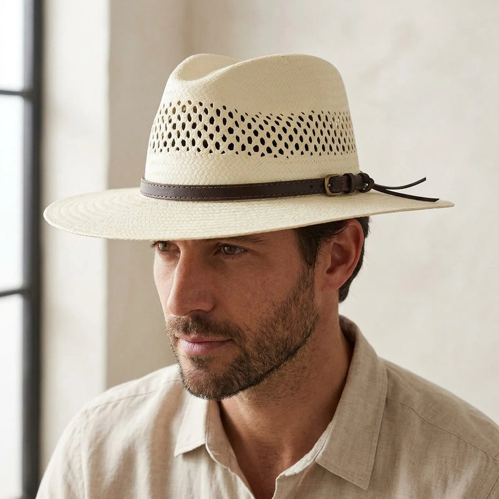 Off-White Vented Straw Western Hat with Leather Cord Band