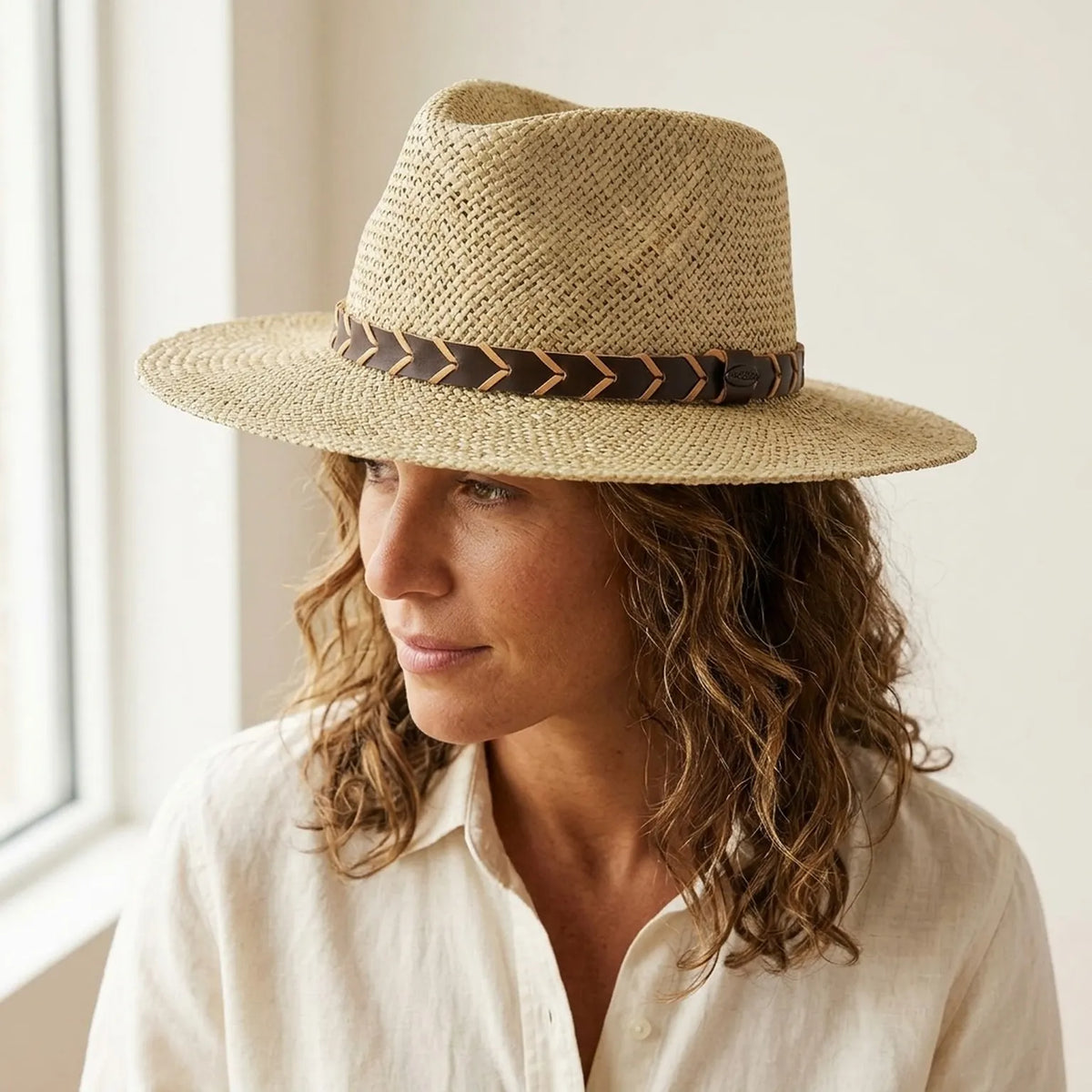 Natural Basket Weave Straw Sun Hat with Chevron Leather Band