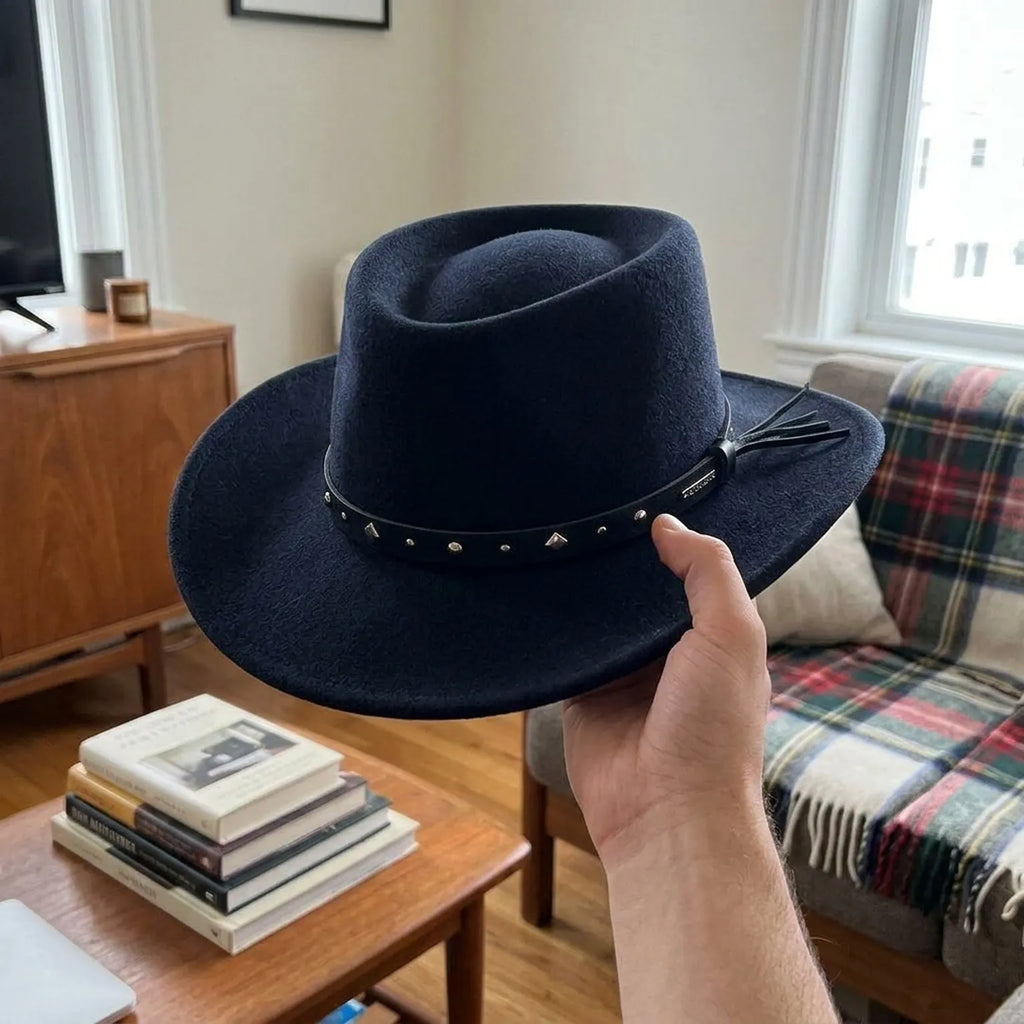 Black Studded Wide-Brim Wool Felt Hat with Leather Band