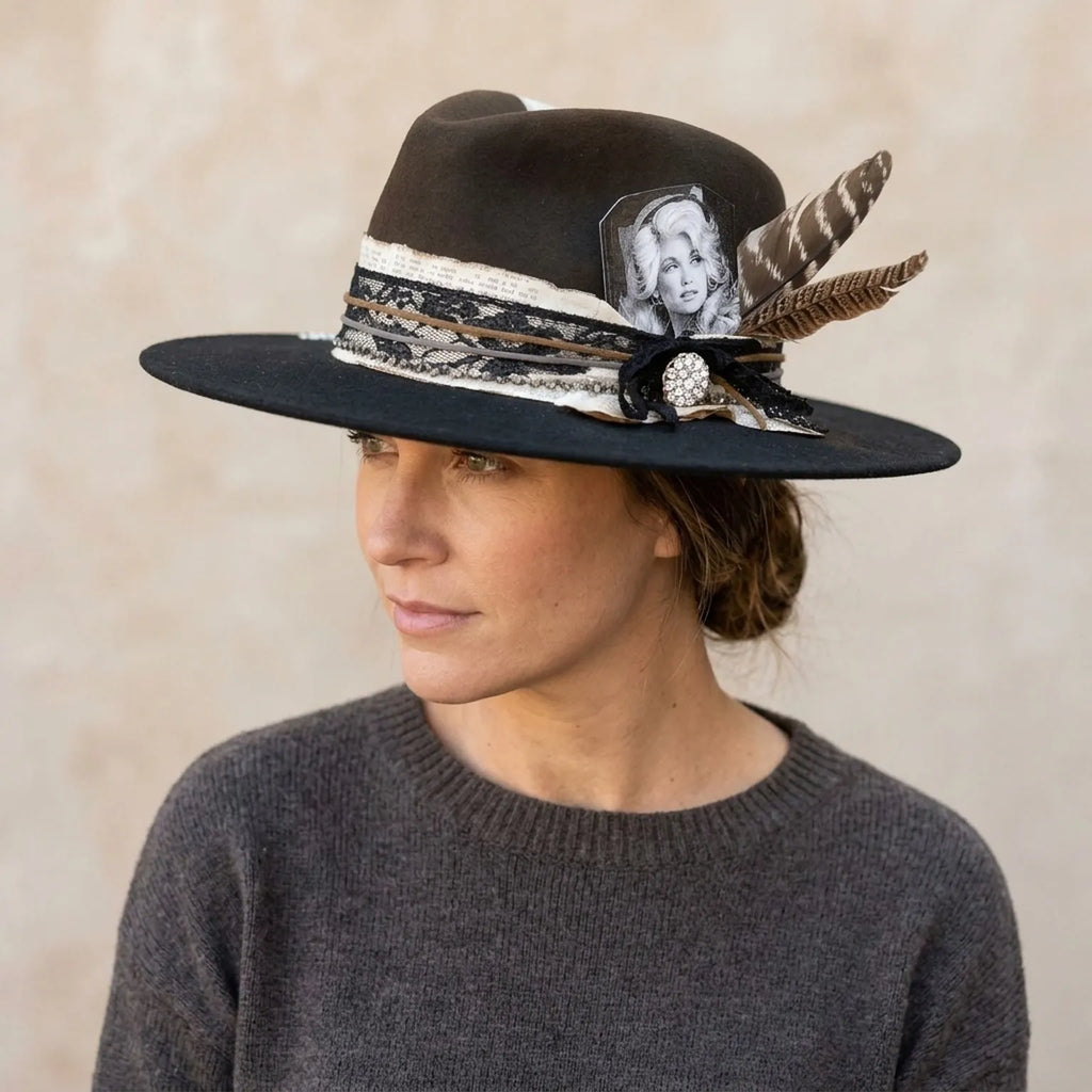 Black Felt Fedora Hat with Feathers Lace and Rhinestone Brooch