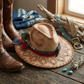 Tan Festival Cowboy Hat with Mandala Pattern and Gold Studs
