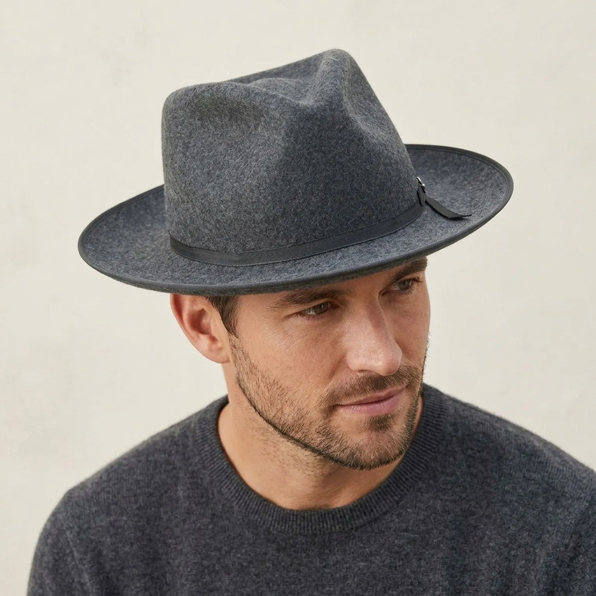 Heather Gray Felt Fedora with Grosgrain Band and Feather Detail