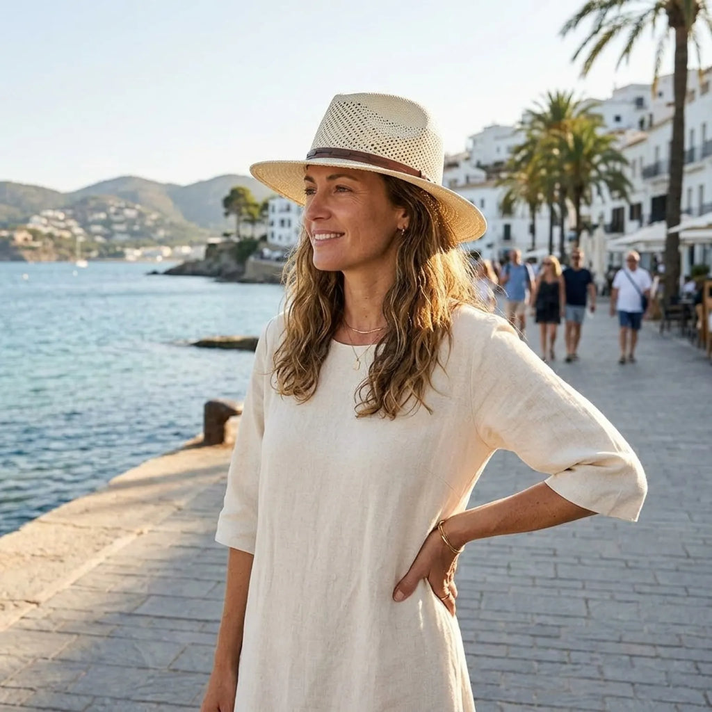 Ivory Straw Fedora Hat with Wood Toggle Band and Open Vent