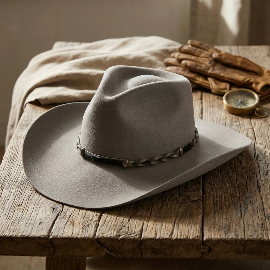 Grey Wool Felt Cowboy Hat with Braided Leather Band Trim