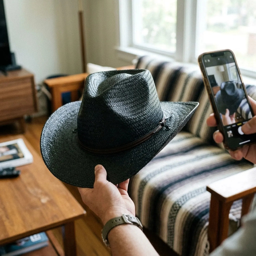 Black Woven Straw Hat With Wide Brim and Leather Band