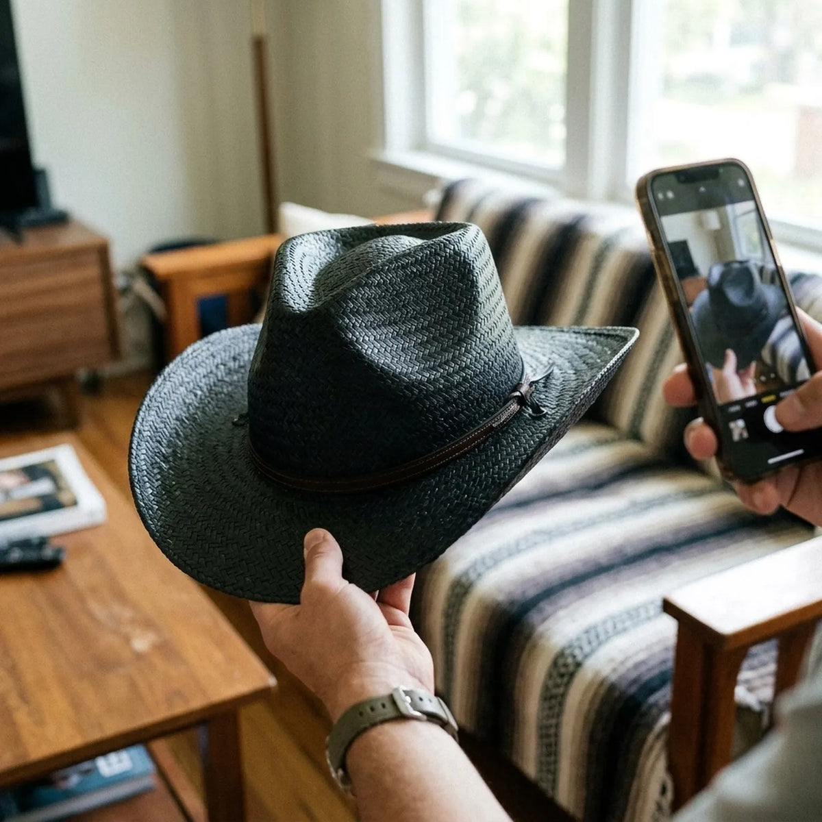 Black Woven Straw Hat With Wide Brim and Leather Band