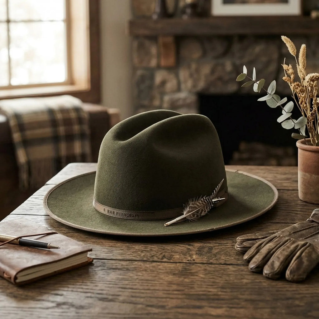 Distressed Olive Felt Fedora with Feather and Bone Accent