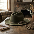 Distressed Olive Felt Fedora with Feather and Bone Accent