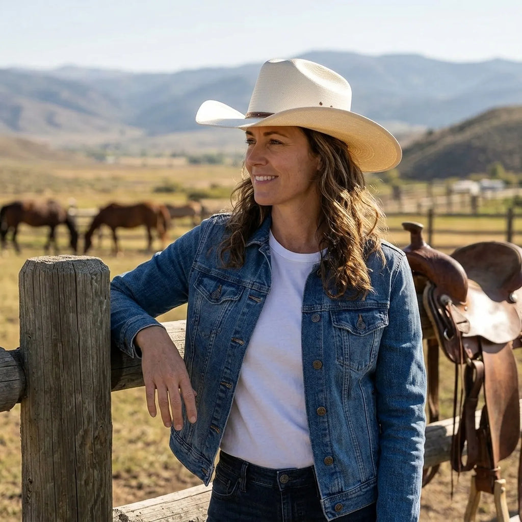 Unisex White Felt Cowboy Hat Studded Leather Band Wide Brim