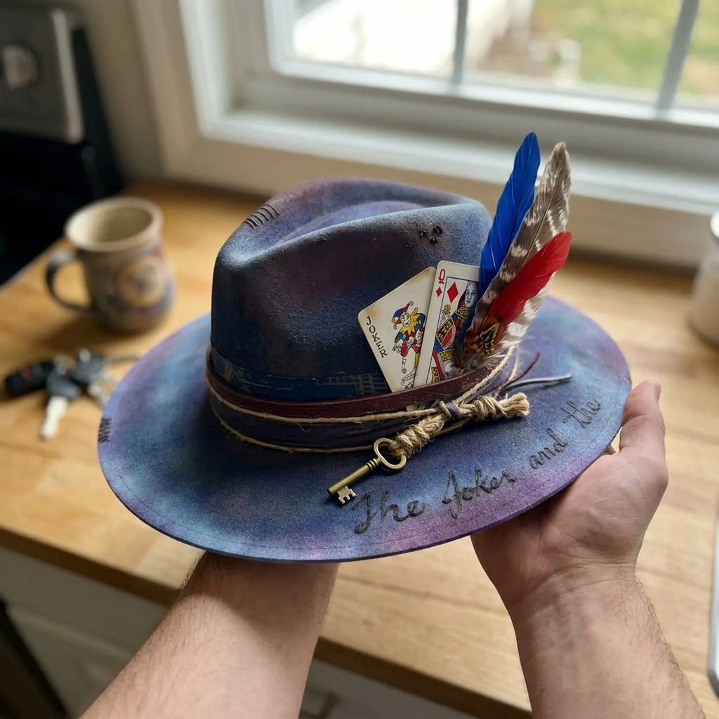 Blue Purple Gradient Fedora with Playing Cards Key Charm Feathers
