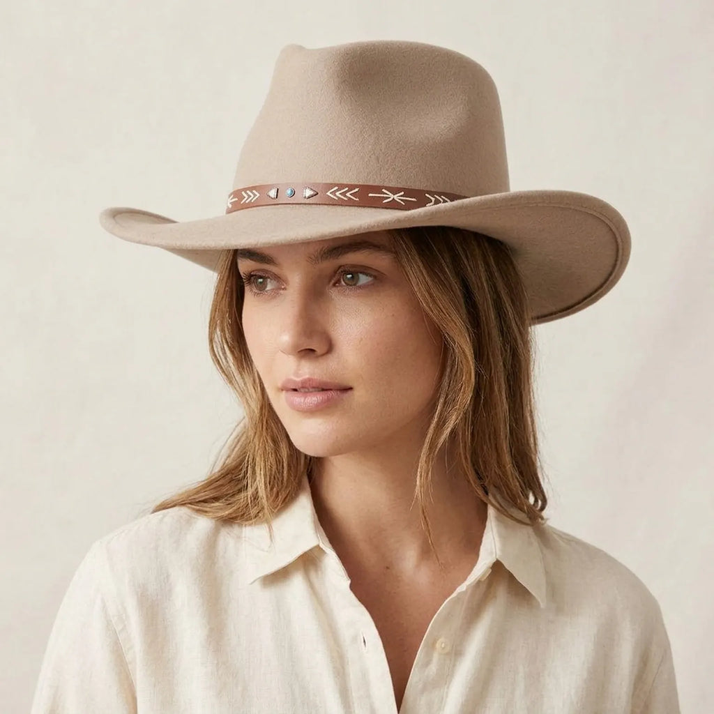 Unisex Beige Western Hat with Stitched Leather Band