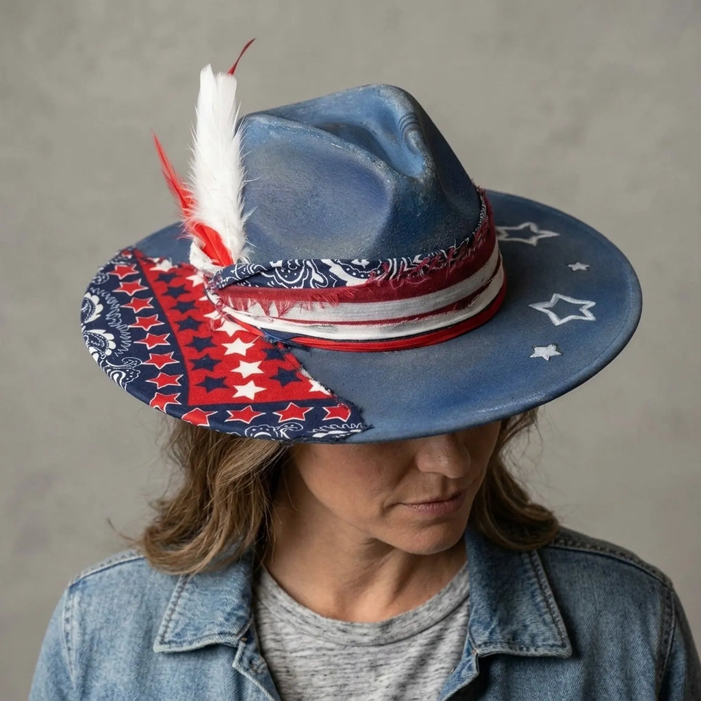 Patriotic Blue Cowboy Hat with Star Print and Feather Accent