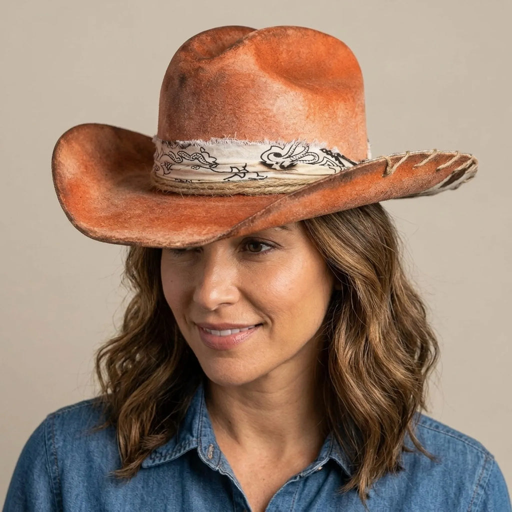 Rust Felt Cowboy Hat with Cow Print Brim and Paisley Bandana