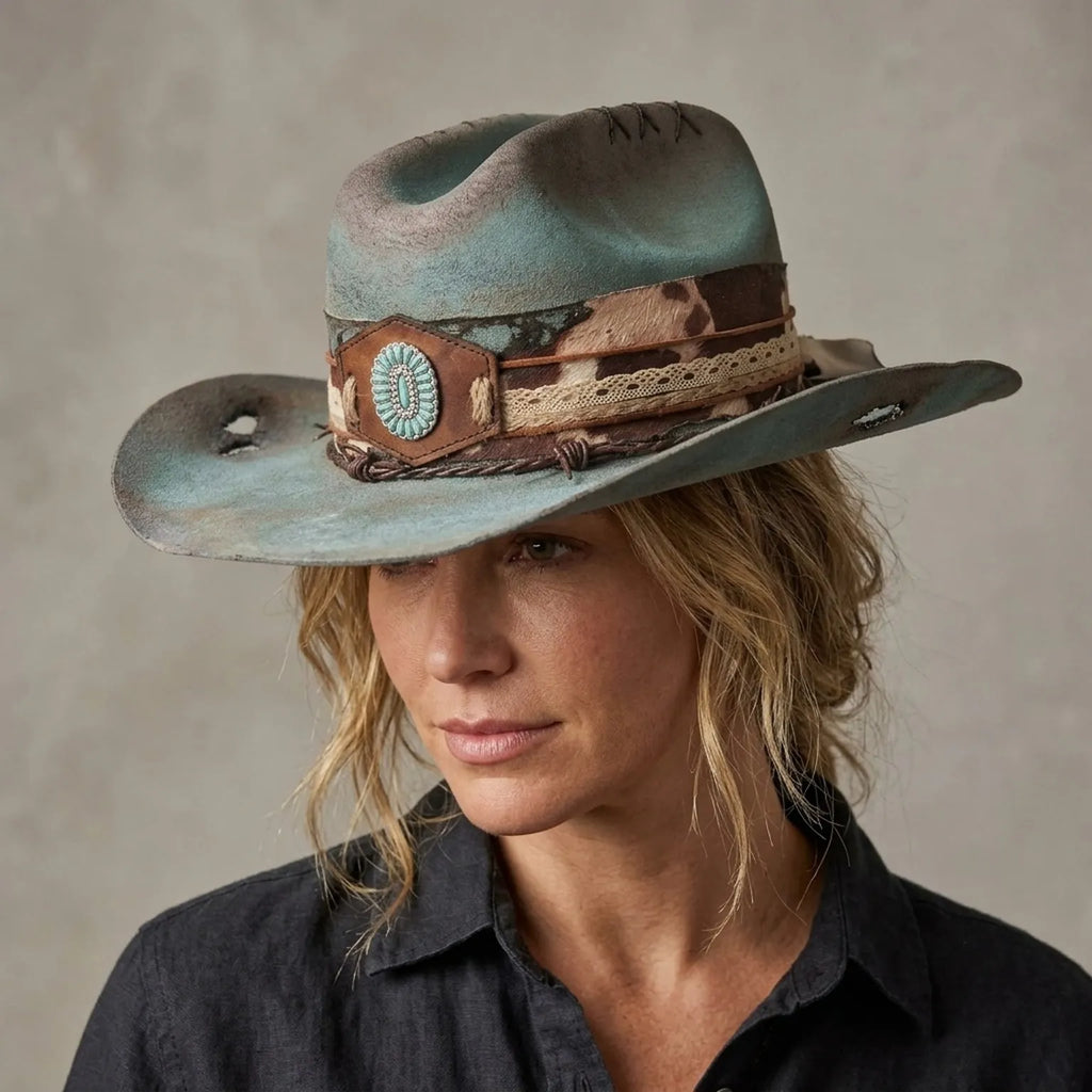 Teal Gradient Western Hat with Turquoise Concho and Lace Trim