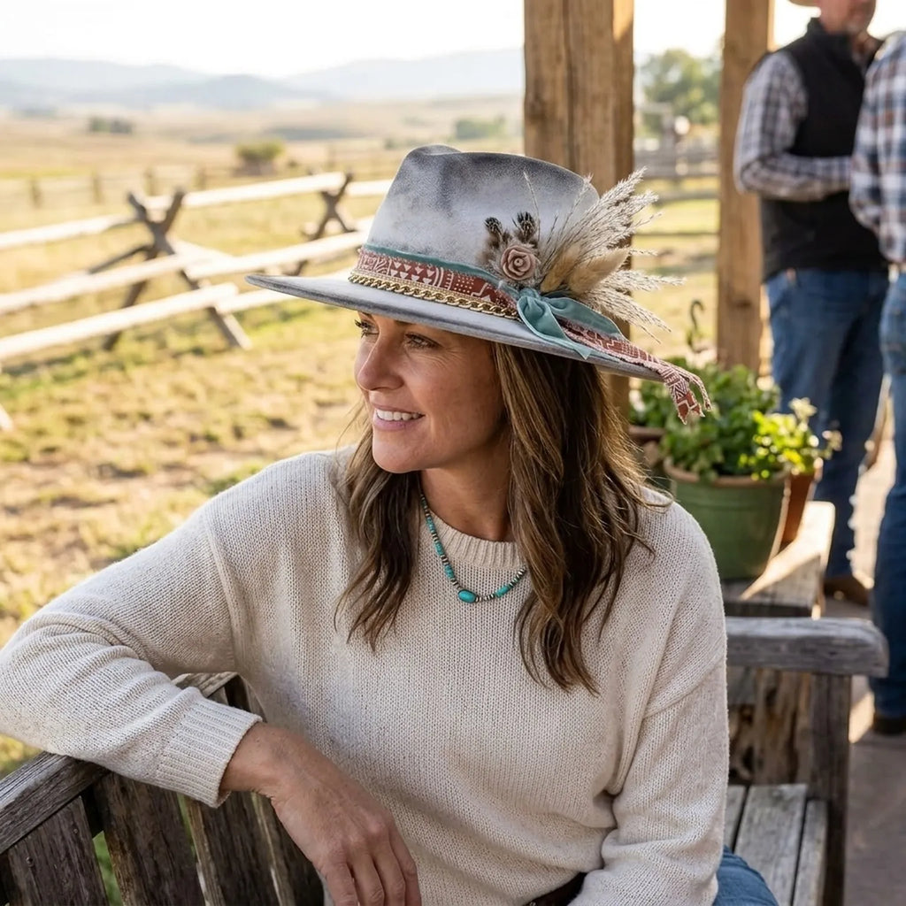 Silver Grey Felt Fedora with Dried Plumes Tribal Print Ribbon