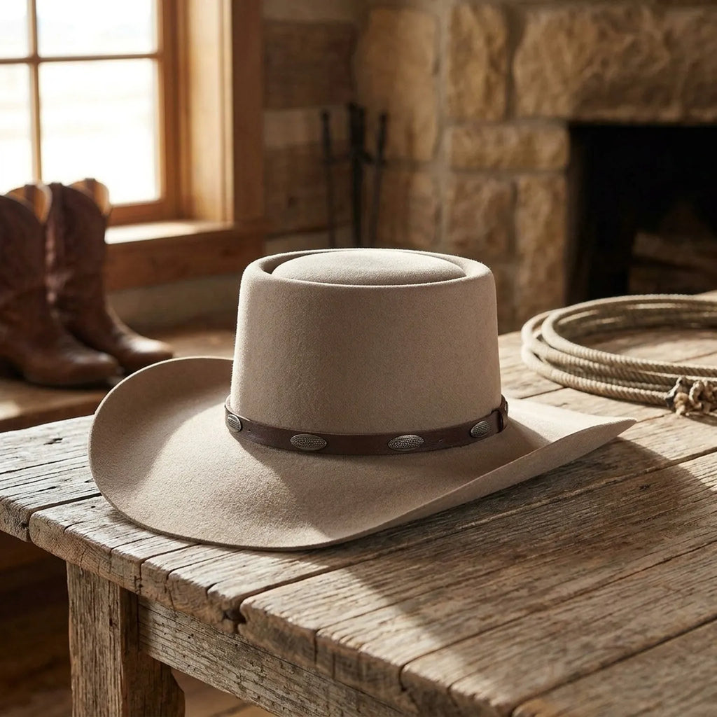 Tan Wool Felt Western Hat with Leather Band and Metal Concho Trim
