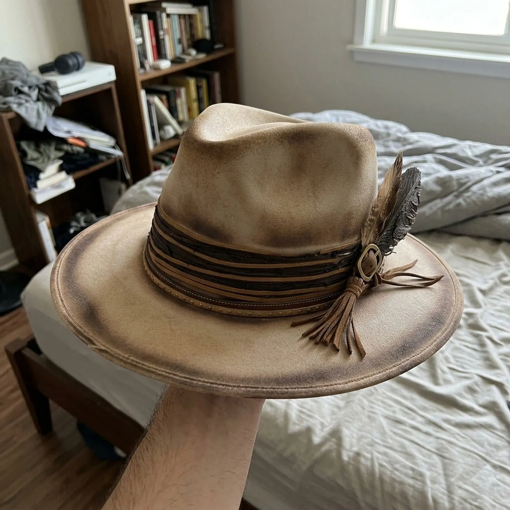 Tan Felt Fedora with Layered Leather Band, Tassel and Feathers