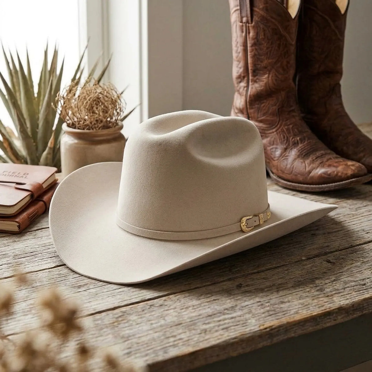 Cream White Felt Cowboy Hat with Thin Band and Gold Buckle