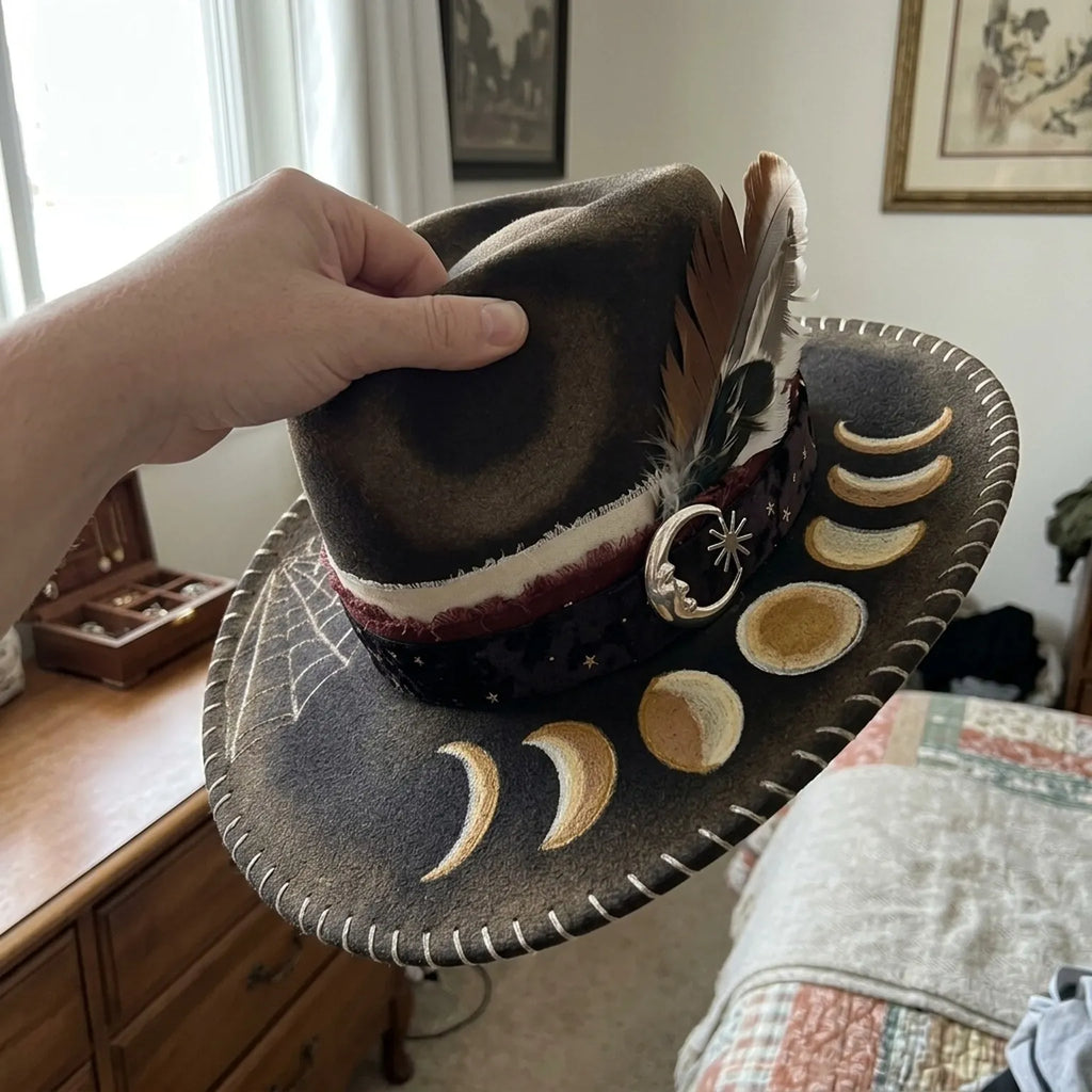 Brown Fedora Hat with Hand-Painted Moon Phases on Brim