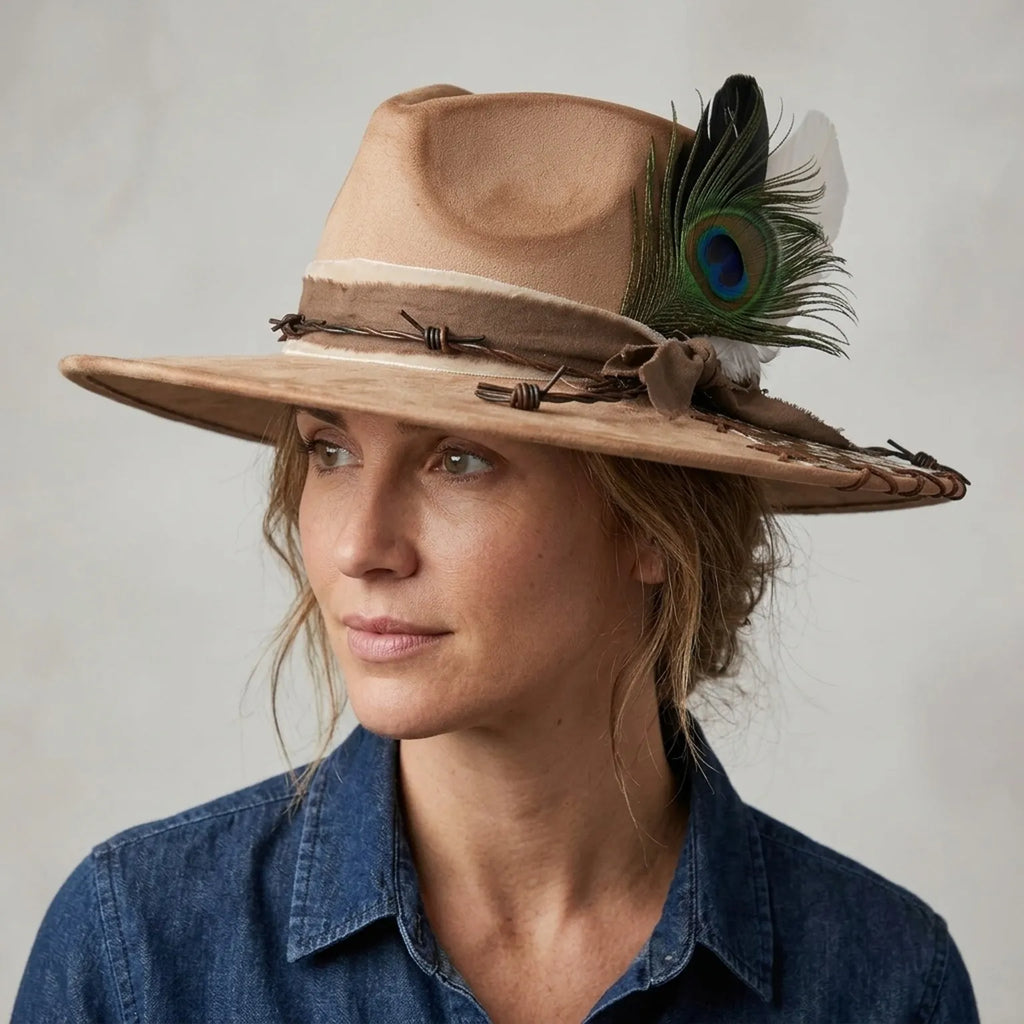 Tan Western Hat Peacock Feather Cowhide Patch Barbed Wire Band