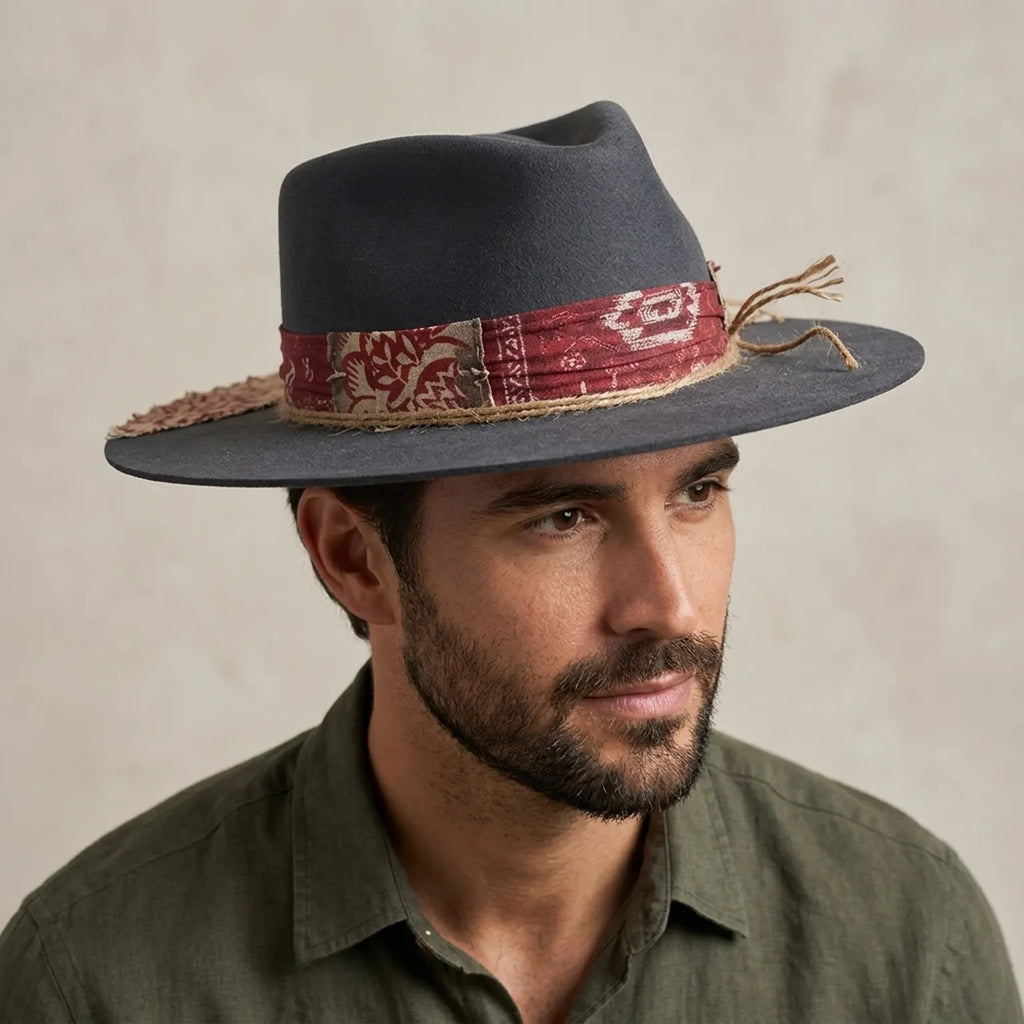 Slate Grey Felt Fedora with Floral Bow and Twine Detail