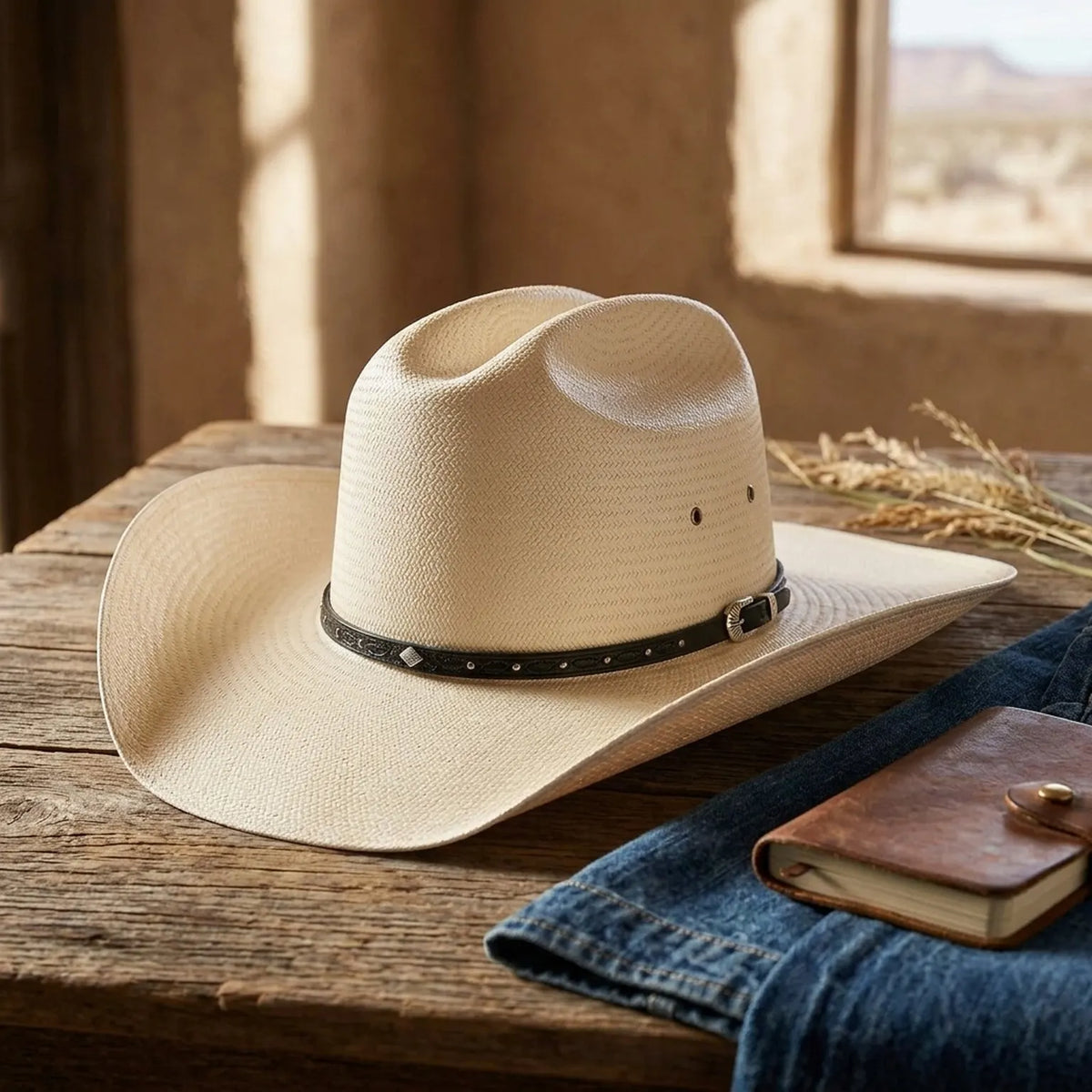 White Straw Cowboy Hat with Studded Leather Band and Concho