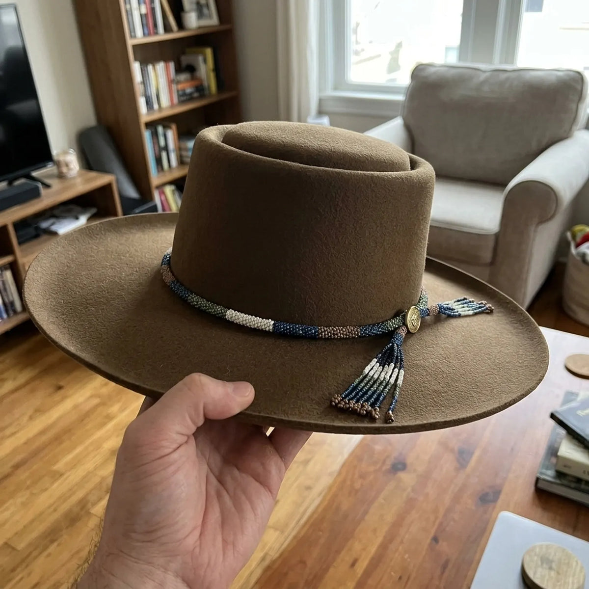 Brown Wool Felt Western Hat with Beaded Band and Brim