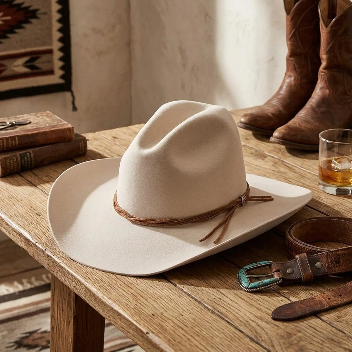 Off-White Wool Felt Cowboy Hat with Braided Cord Band