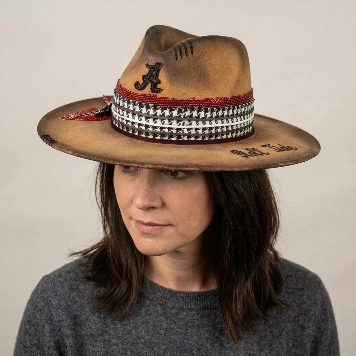 Tan Fedora Houndstooth Band Beaded Bandana Bow Stitched Crown Hat