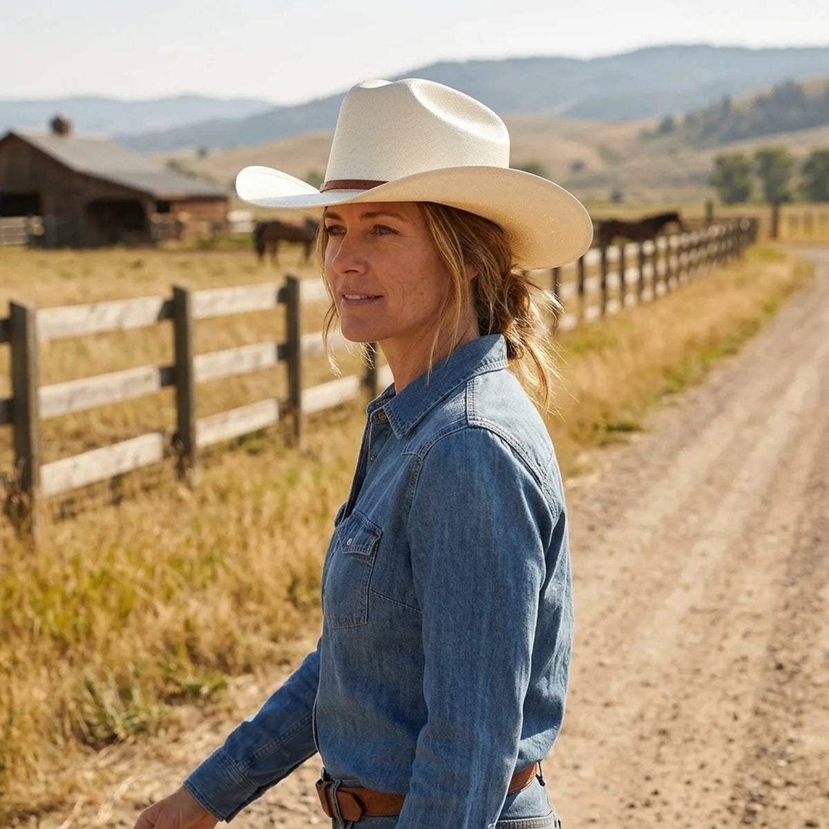 Ivory Straw Cowboy Hat with Brown Leather Band and Detail