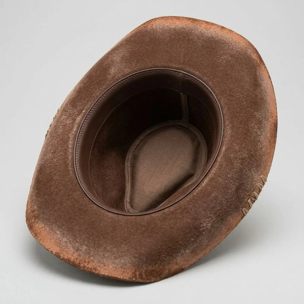 Distressed Brown Cowboy Hat with Paisley Bandana and Jute Rope