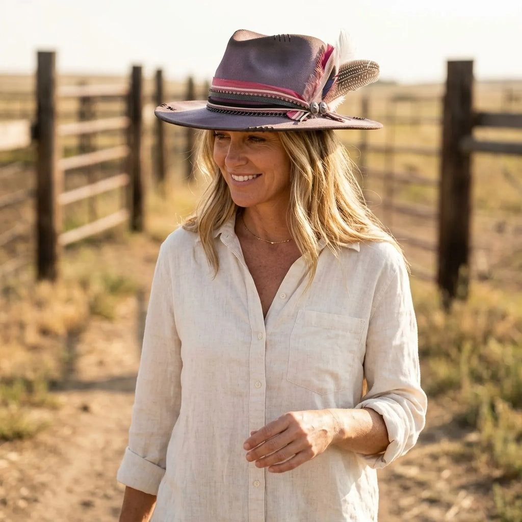 Mauve Felt Fedora Hat with Pink Feather and Chain Detail