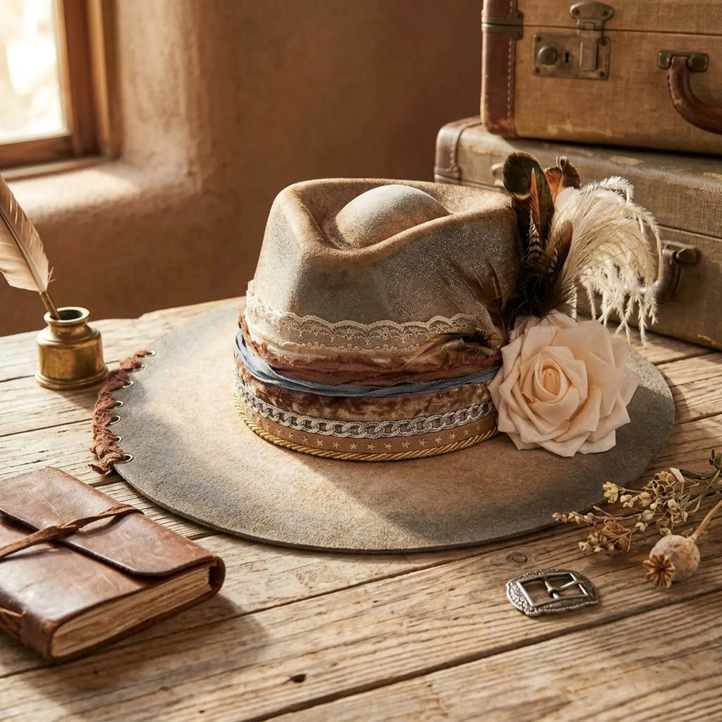 Distressed Gray Tan Felt Western Hat Cream Rose Lace Trim