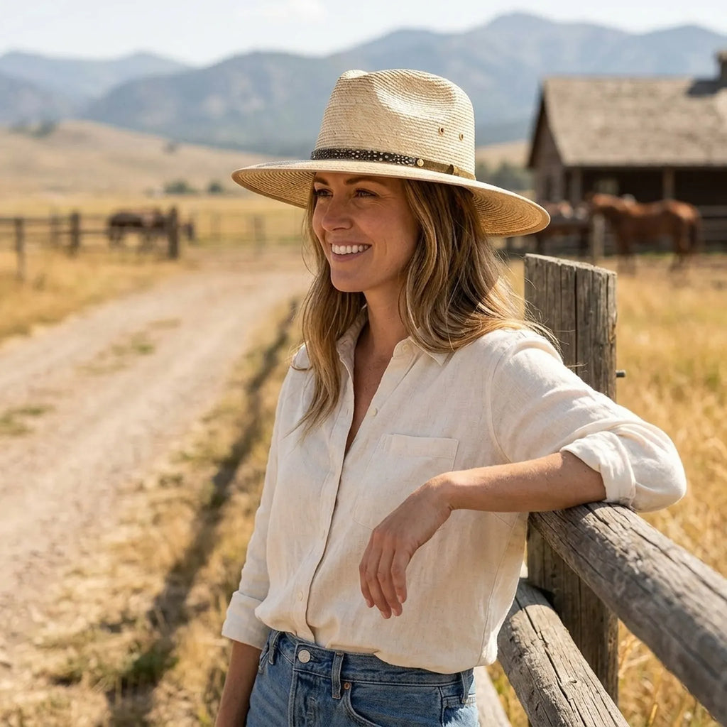 Natural Straw Sun Hat with Feather Band and Wide Brim Crown