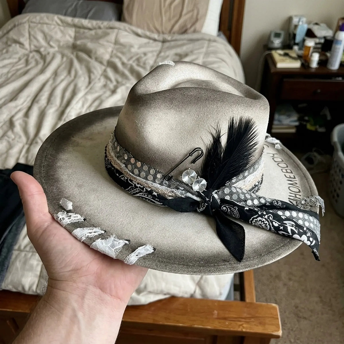 Distressed Beige Fedora with Bandana Scarf and Feather Accent