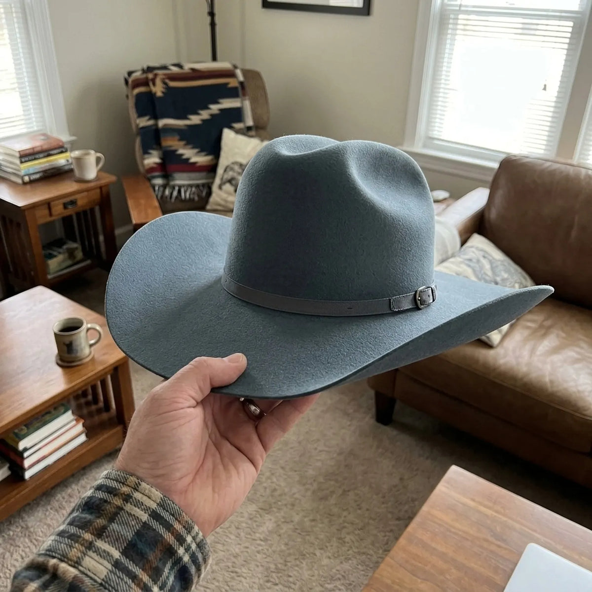 Unisex Blue Gray Wool Felt Cowboy Hat with Ribbon Trim