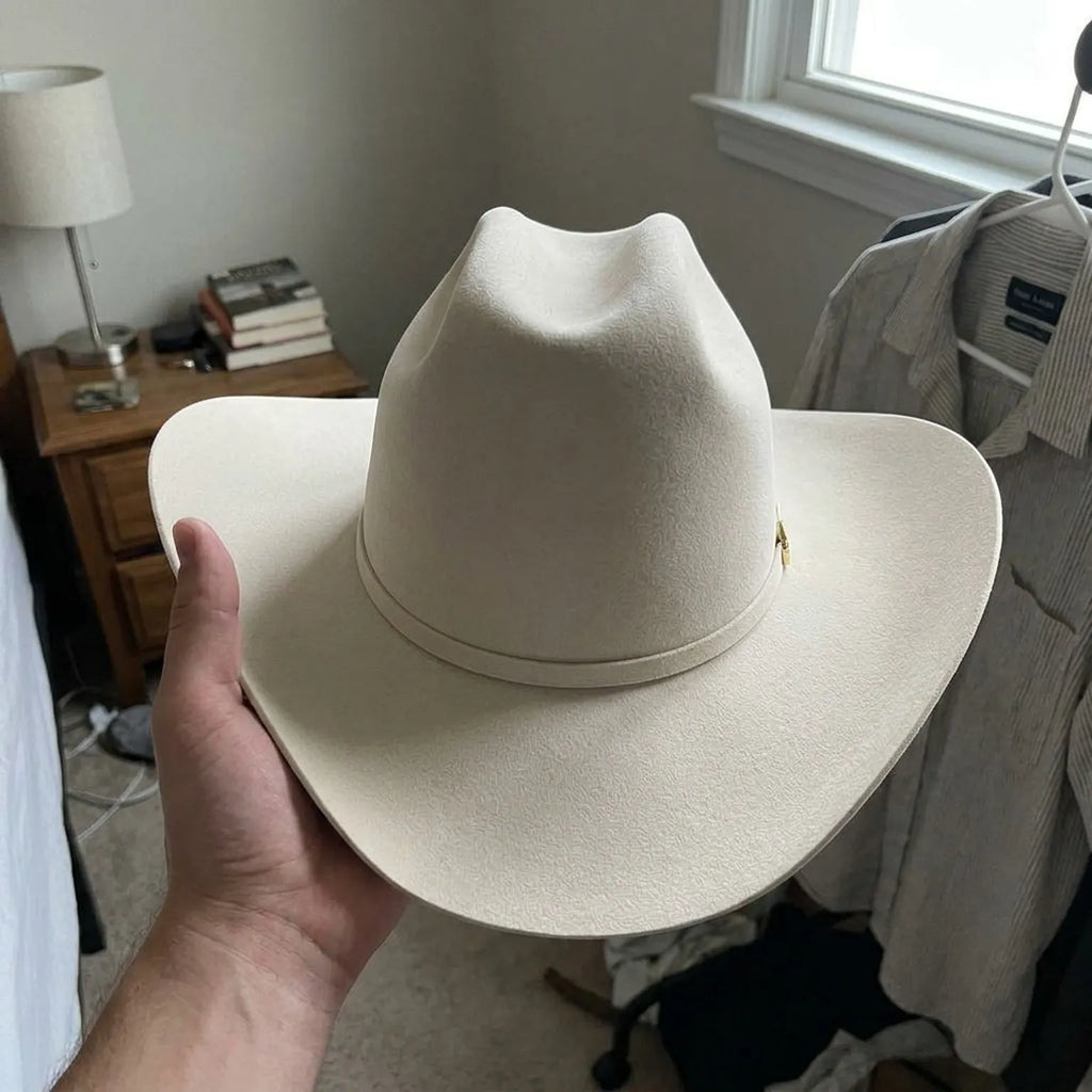 Cream White Felt Cowboy Hat with Thin Band and Gold Buckle